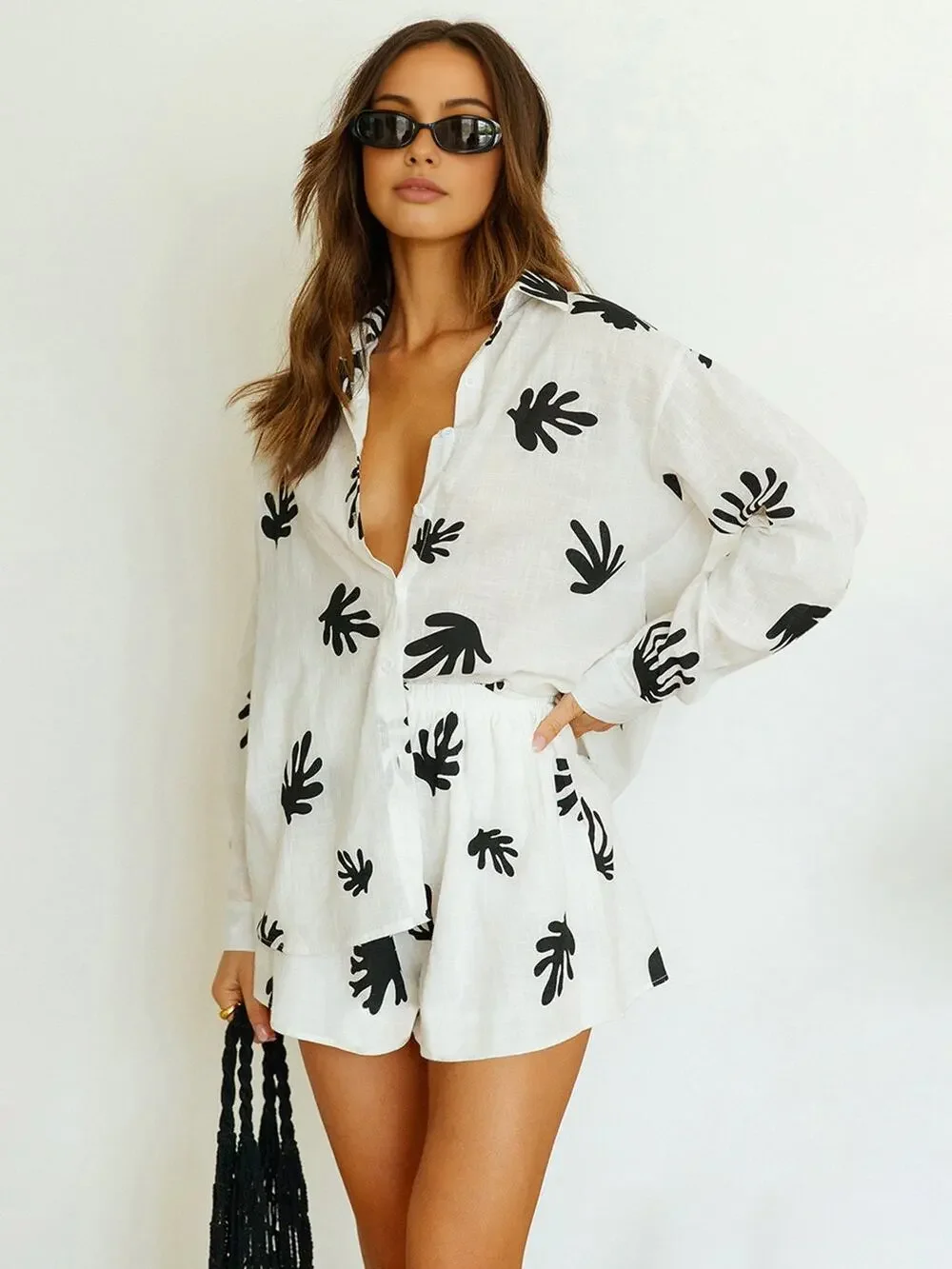 Commense Chill Life Plant Print Casual Relaxed Vacation Top & Short Set White S
